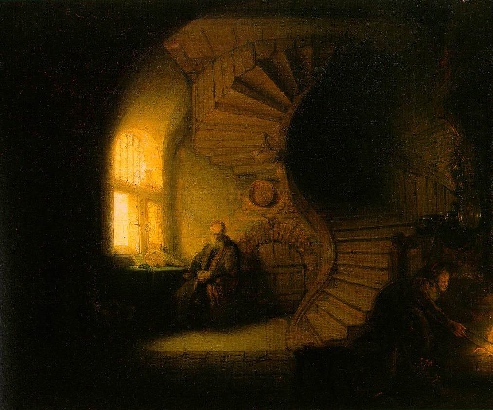 Rembrandt, Filosofo in meditazione: un vecchio seduto accanto a una finestra luminosa, in una stanza in penombra con una scala a chiocciola